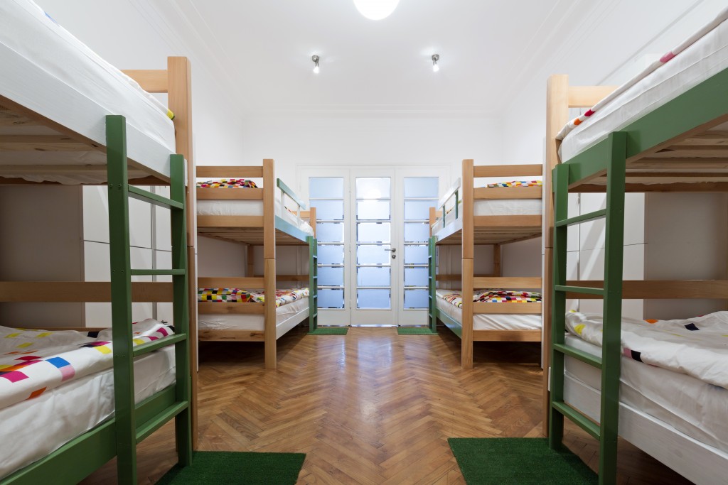 College dorm with four bunkbeds