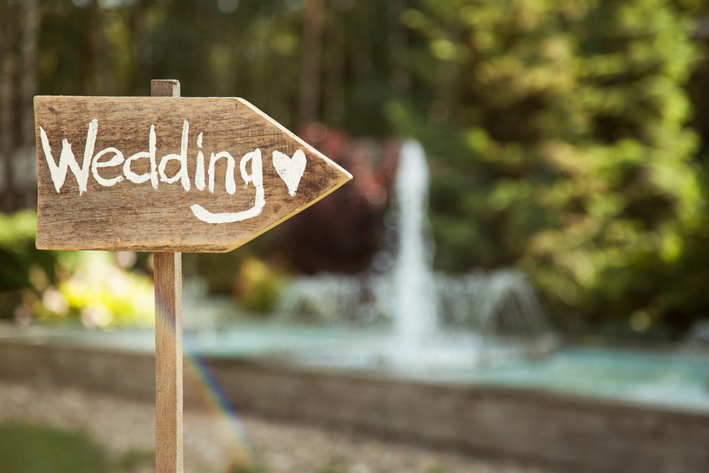 Wedding signage in a garden setup